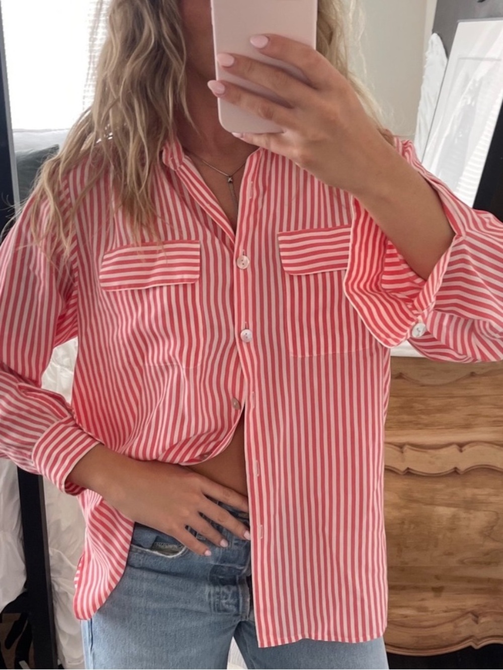 Vintage 90s Melrose Silk Studio 100% Silk Button Down Shirt Stripped Pink White